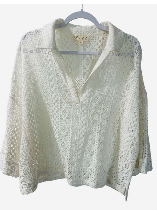 Marled Tops - Crochet Open Knit Flowy Cotton White Top